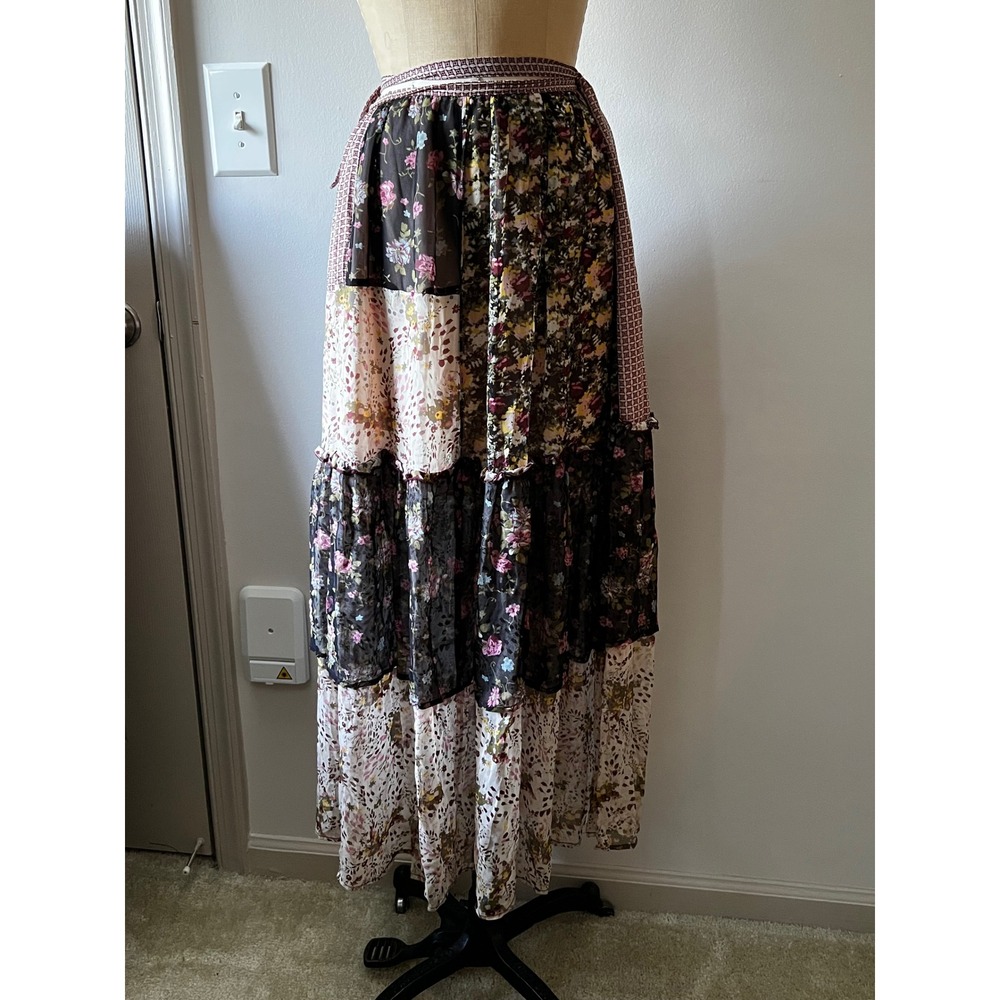 Silk Boho Cottage Hippie Indie Patchwork Floral Festival Prairie Maxi Skirt 6